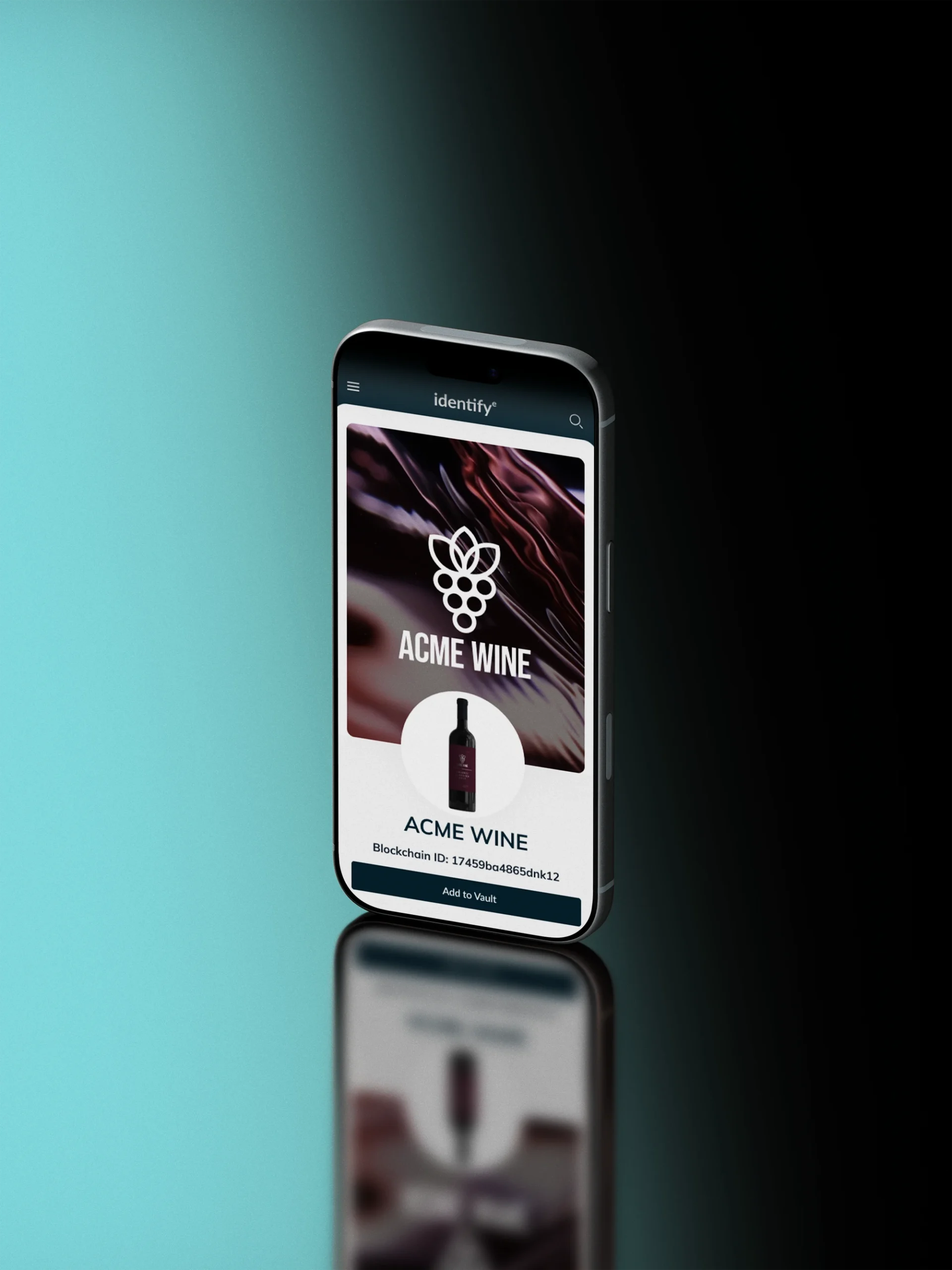 Phone mockup with black and emerald gradient background displaying the provenance story of a wine bottle