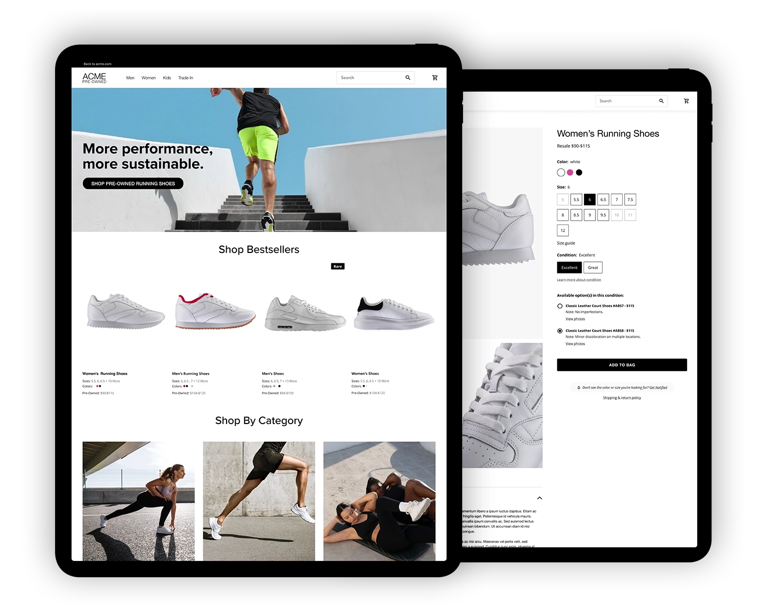 two tablets showing landing pages of a Figma demo for a resale e-commerce of a footwear brand