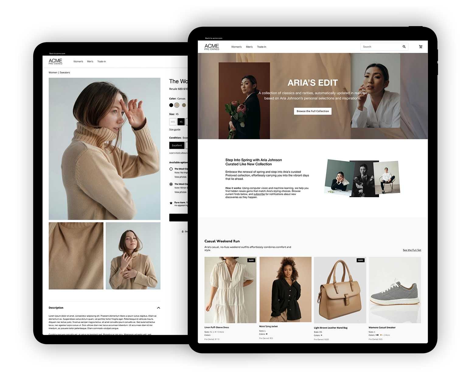two tablets showing landing pages of a Figma demo for a resale e-commerce of a women fashion brand