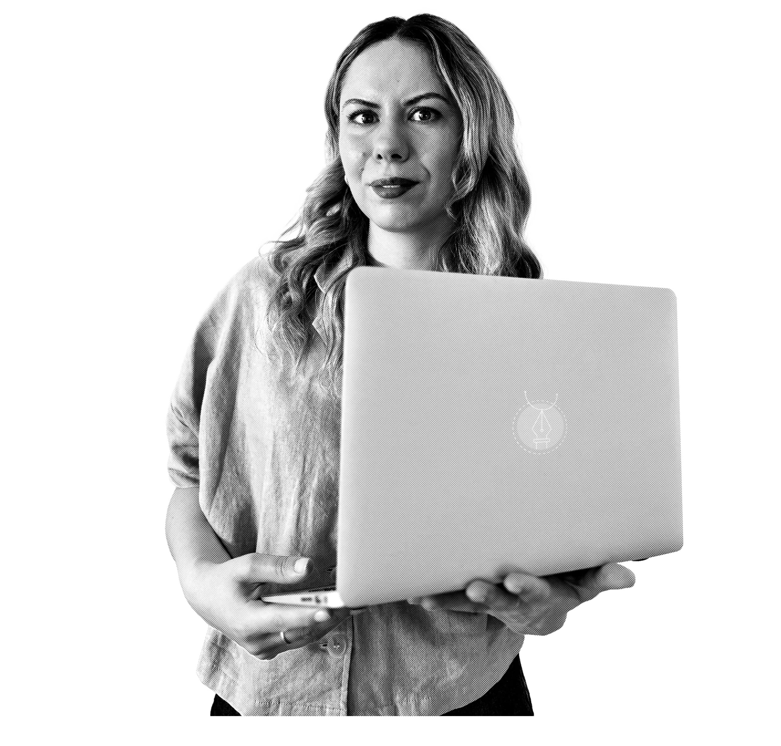 black and white portrait of julia karl with a laptop
